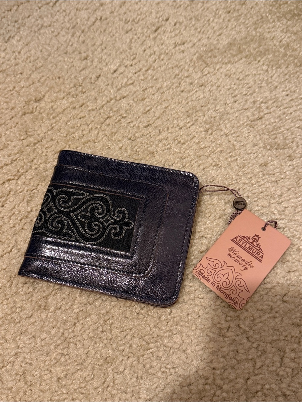 Leather Bifold Wallet in Deep Navy with Embroidered Accent